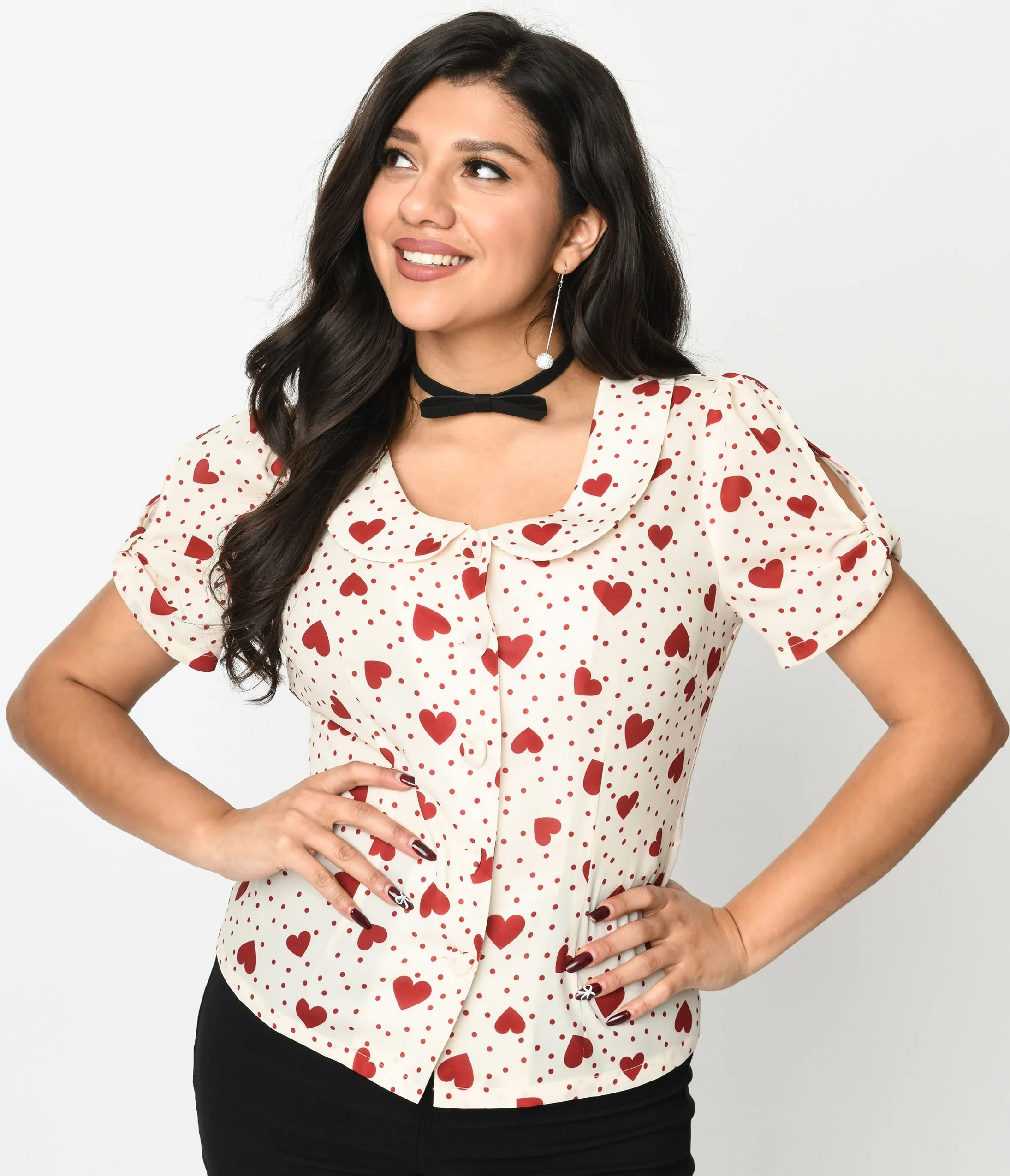 Voodoo Vixen 1940s Cream & Heart Polka Dot Button Up Blouse sold by Unique Vintage product image thumbnail 2