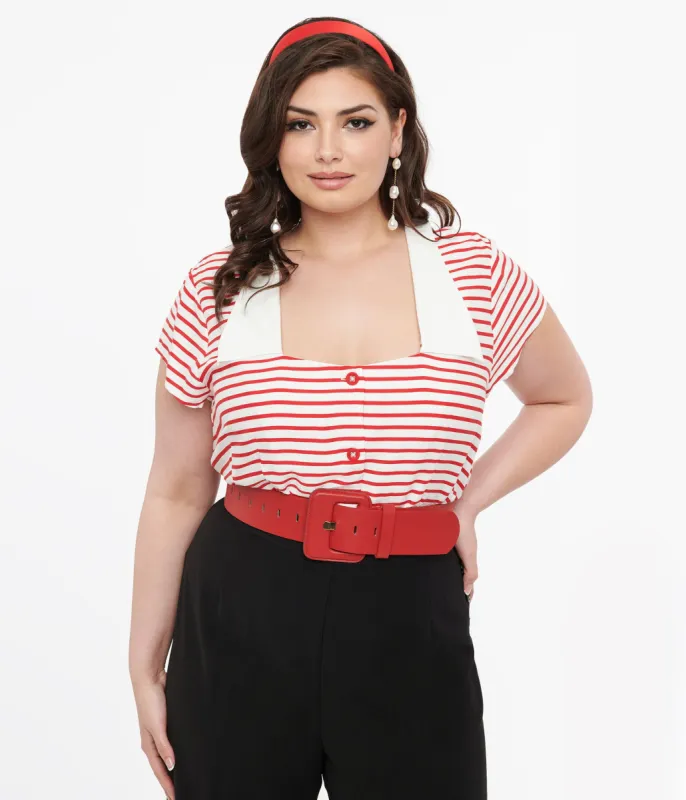Hell Bunny Plus Size 1940s Red & White Stripe Ahoy Blouse sold by Unique Vintage