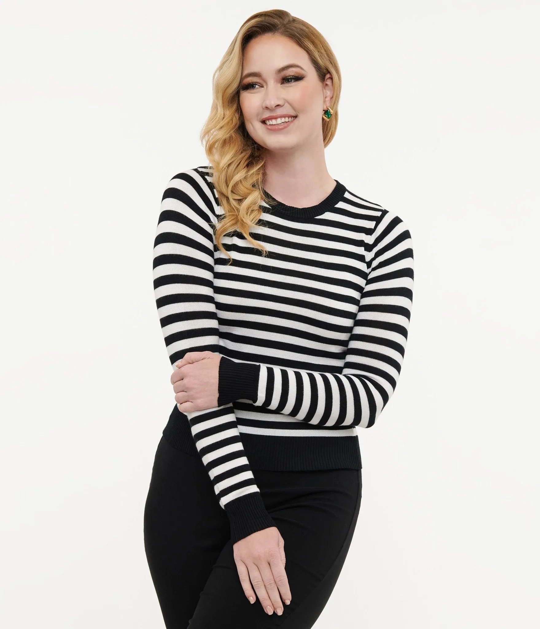 Retro Style Black & White Stripe Long Sleeve Knit Sweater Top sold by Unique Vintage
