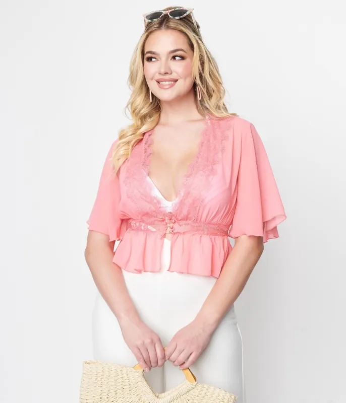 Coral Wild Flower Sheer Lace Peplum Blouse sold by Unique Vintage