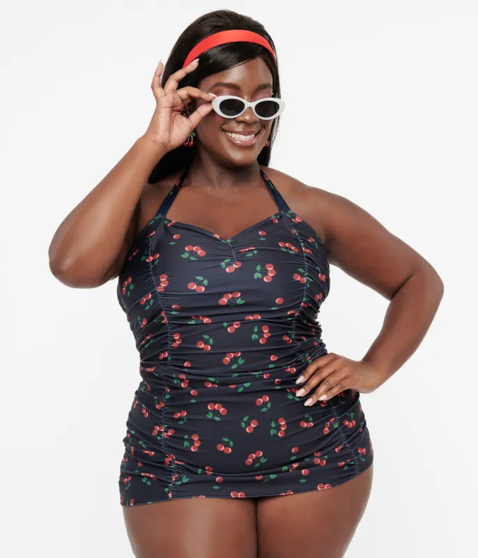 Collectif Plus Size 1950s Black & Red Cherry Print Skirted Swimsuit sold by Unique Vintage