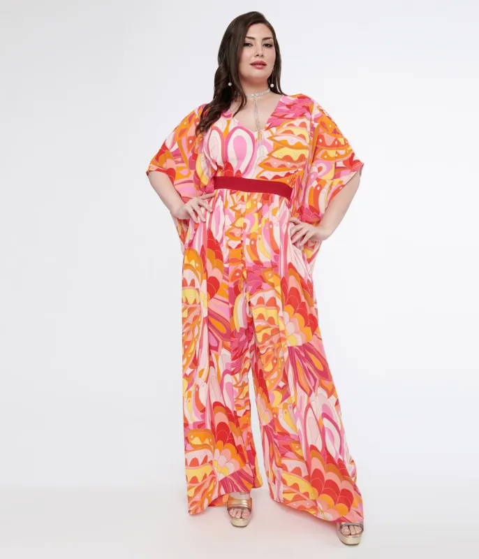Unique Vintage Plus Size 1970s Pink & Orange Psychedelic Print Caftan Jumpsuit sold by Unique Vintage