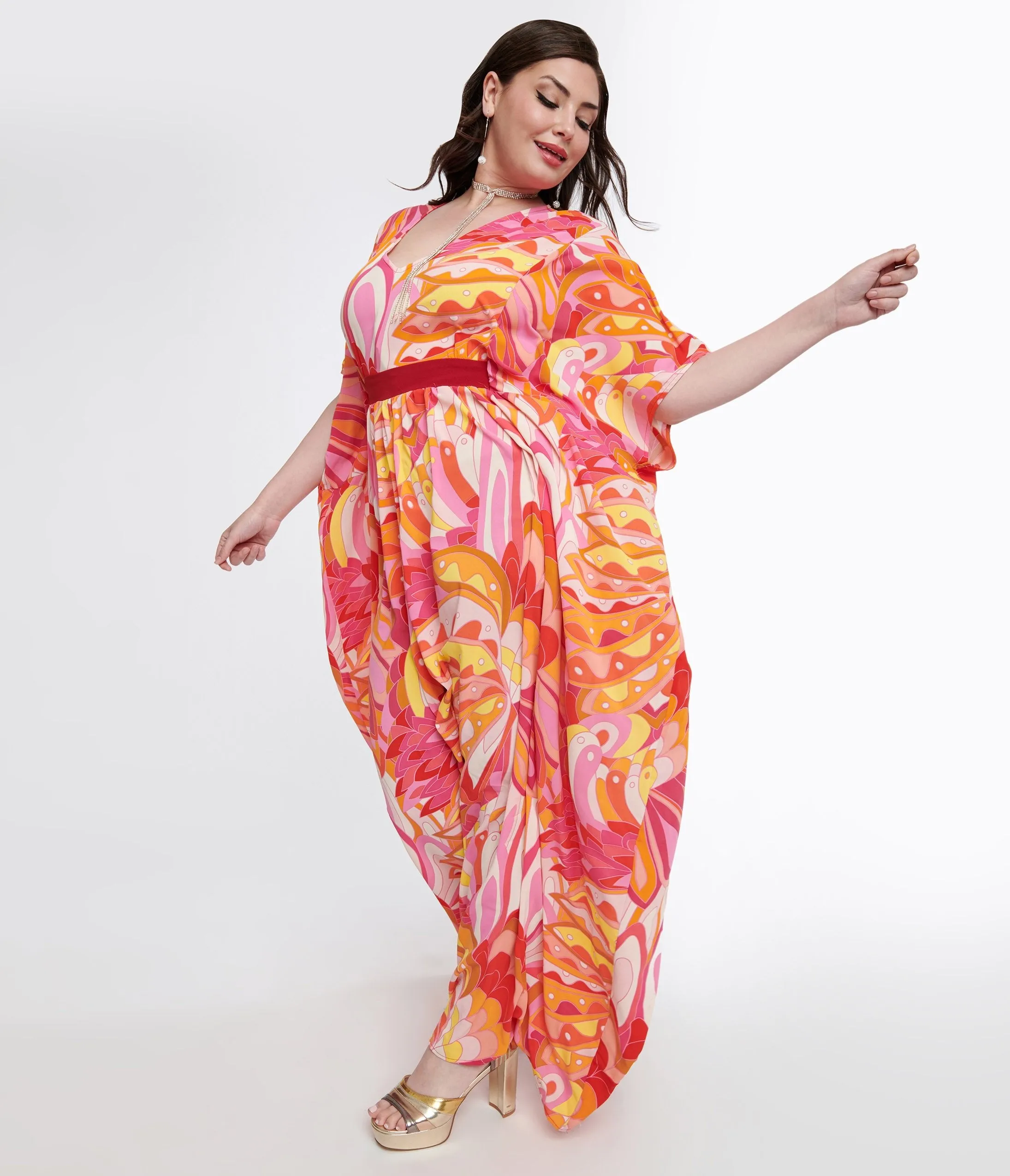 Unique Vintage Plus Size 1970s Pink & Orange Psychedelic Print Caftan Jumpsuit sold by Unique Vintage product image thumbnail 3