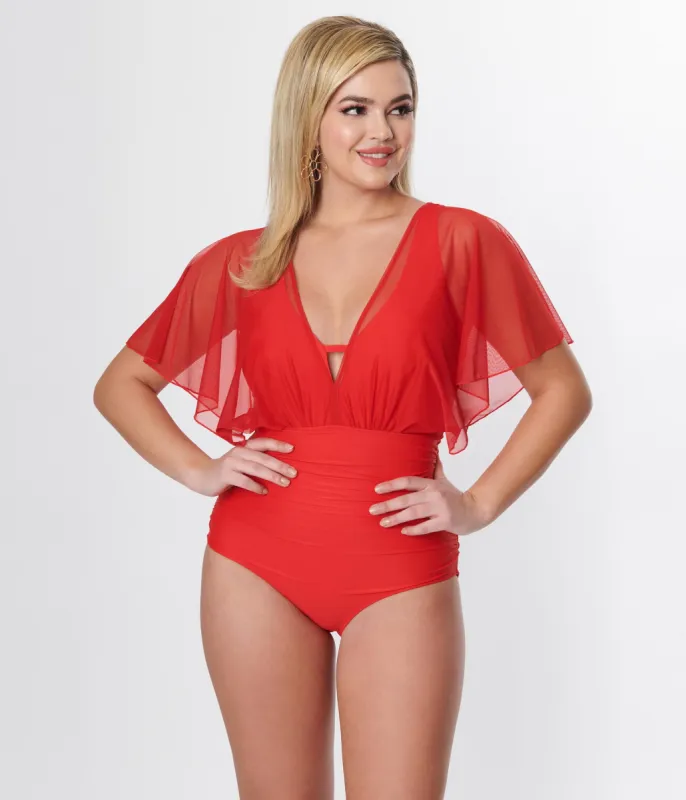 Unique Vintage Red Mesh Sleeved Torrey Swimsuit sold by Unique Vintage