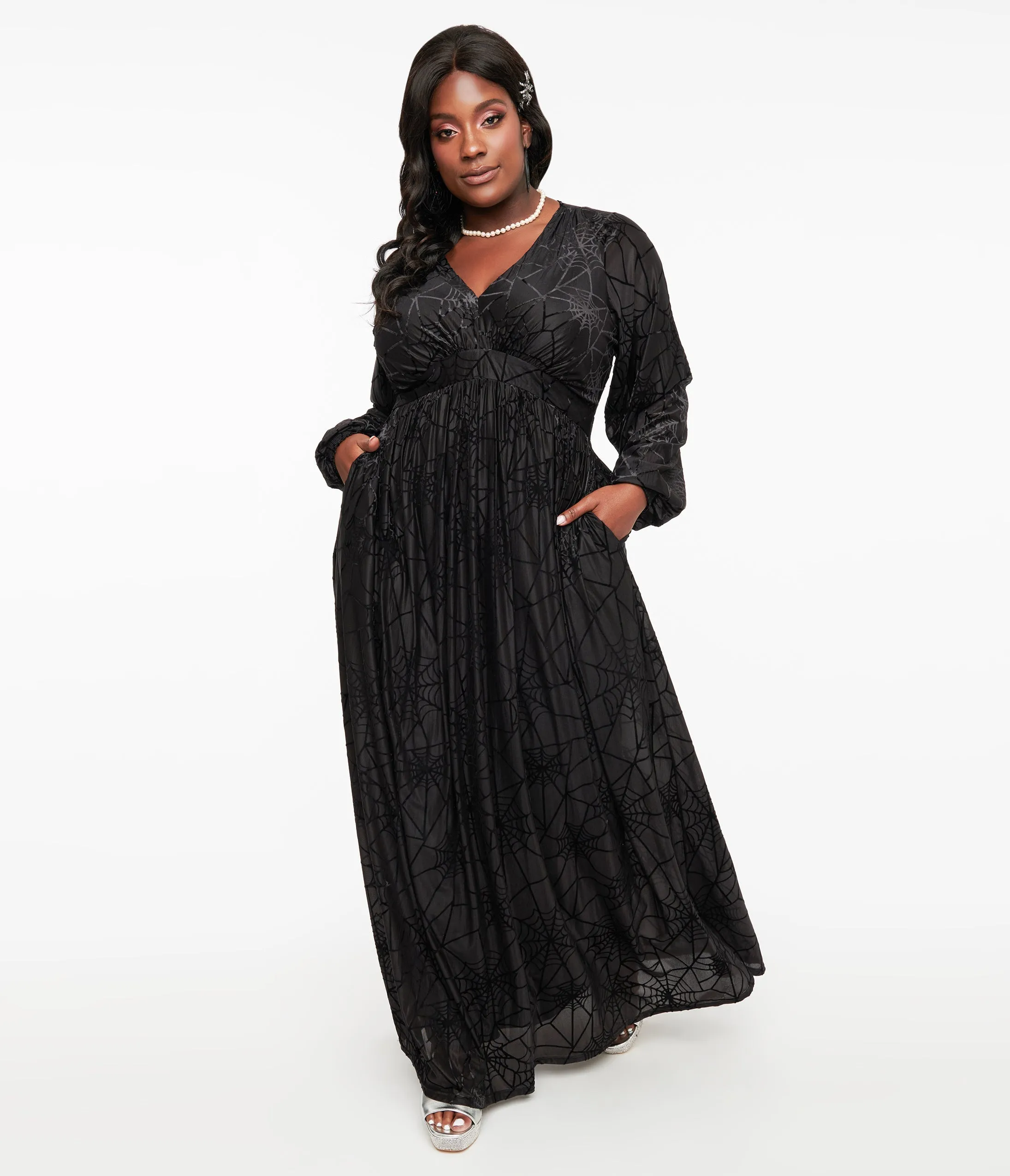 Unique Vintage Plus Size 1970s Black Spiderweb Maxi Dress sold by Unique Vintage