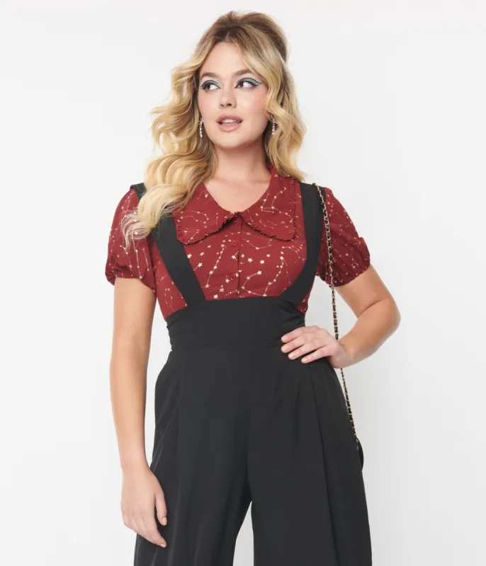 Unique Vintage 1930s Burgundy & Gold Stars Oversized Collar Blouse sold by Unique Vintage