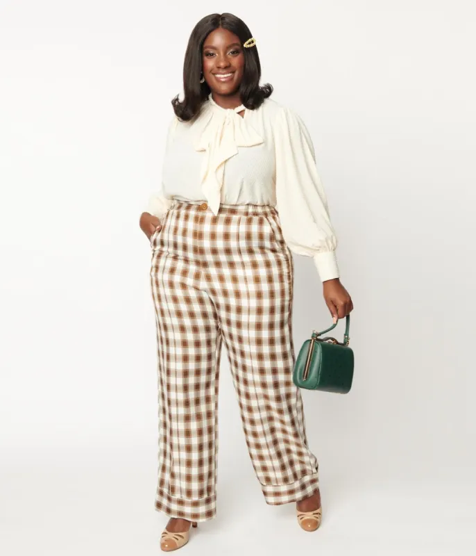 Unique Vintage Plus Size 1940s Brown & Ivory Plaid Wide Cuff Pants sold by Unique Vintage