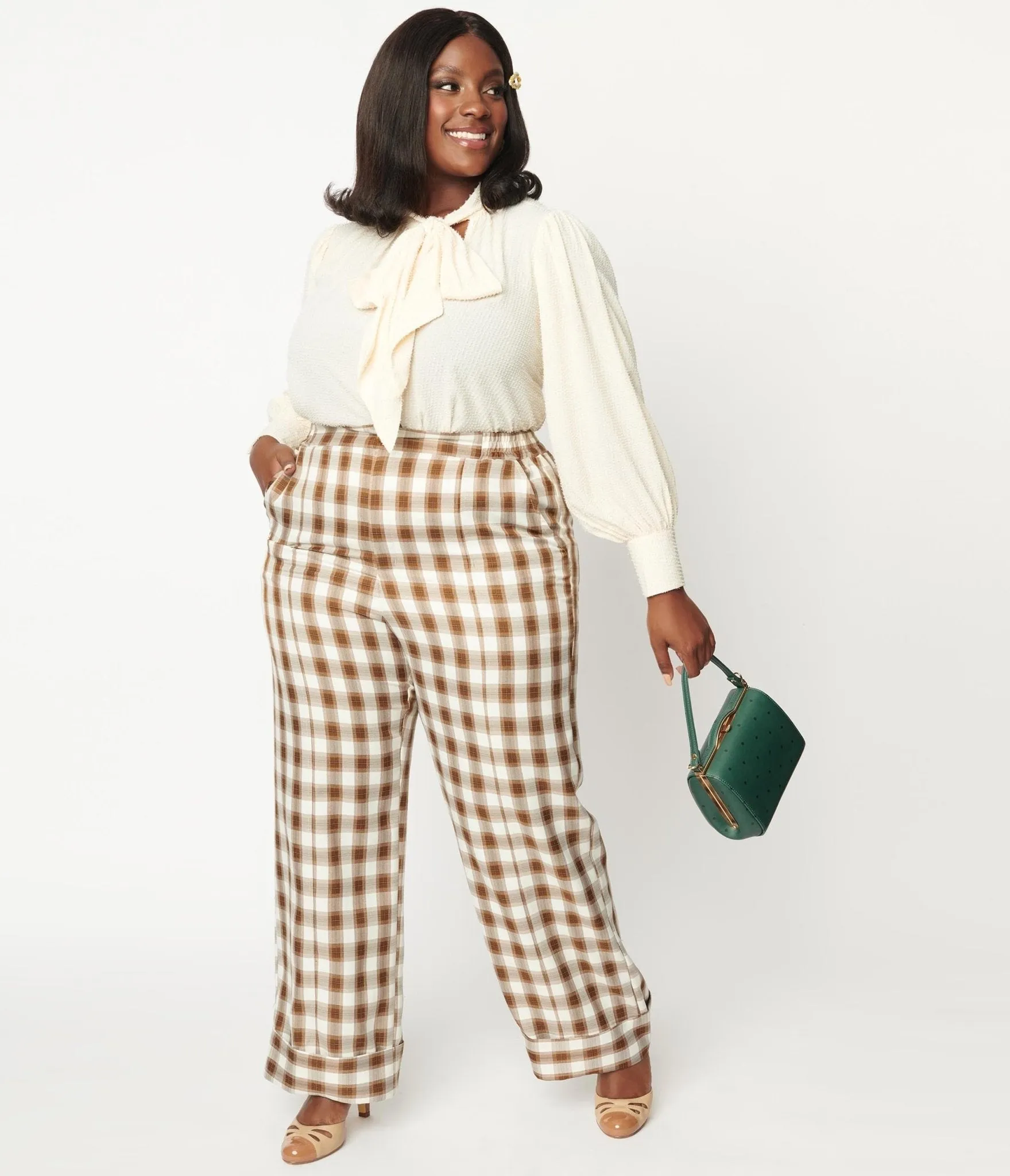 Unique Vintage Plus Size 1940s Brown & Ivory Plaid Wide Cuff Pants sold by Unique Vintage product image thumbnail 5