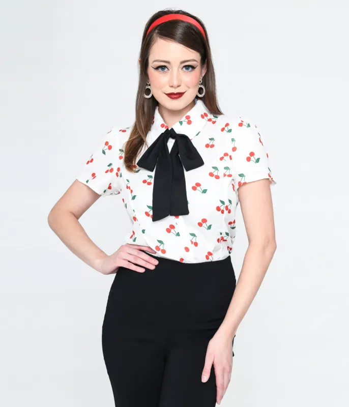 Smak Parlour White & Cherries Power Play Blouse sold by Unique Vintage