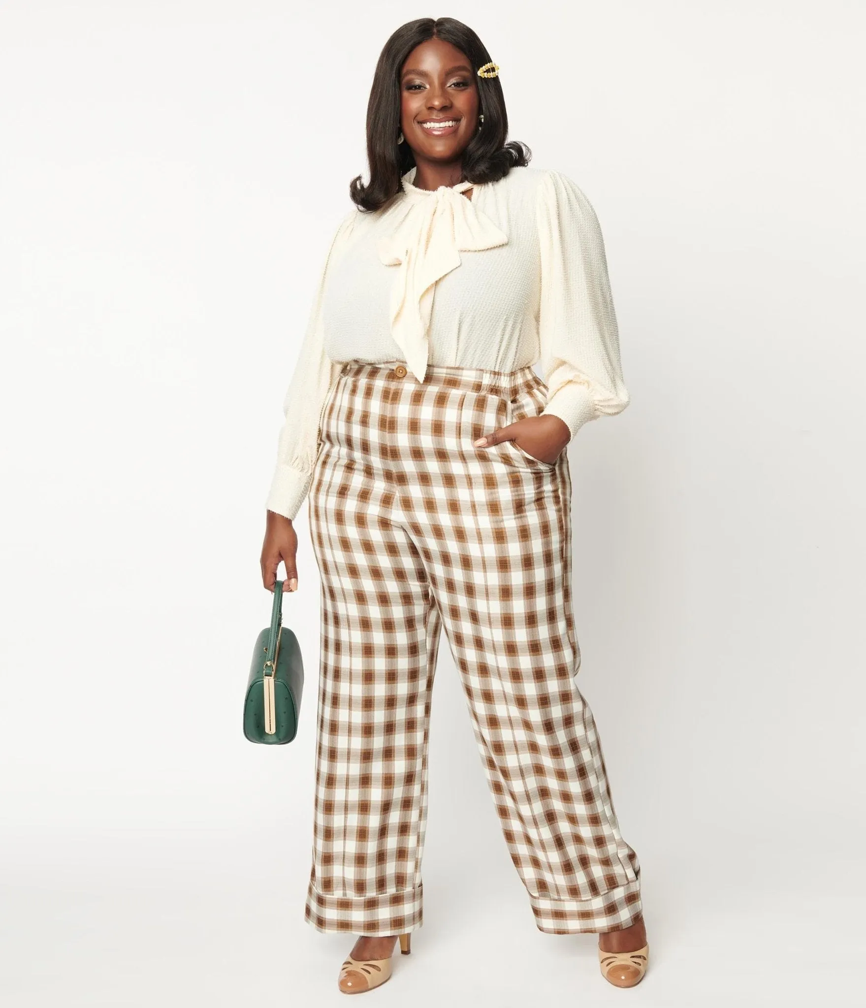 Unique Vintage Plus Size 1940s Brown & Ivory Plaid Wide Cuff Pants sold by Unique Vintage product image thumbnail 4