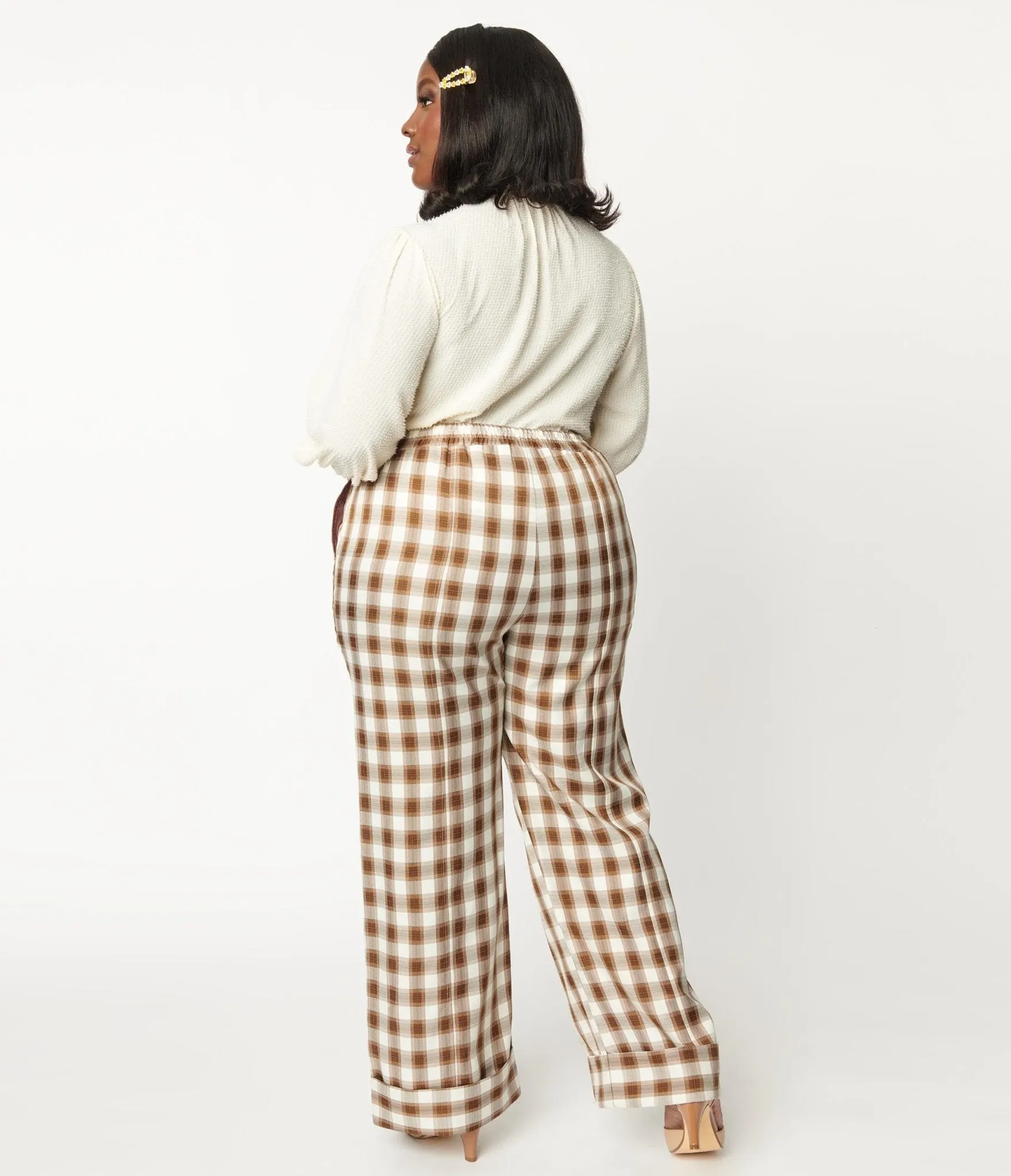Unique Vintage Plus Size 1940s Brown & Ivory Plaid Wide Cuff Pants sold by Unique Vintage product image thumbnail 3