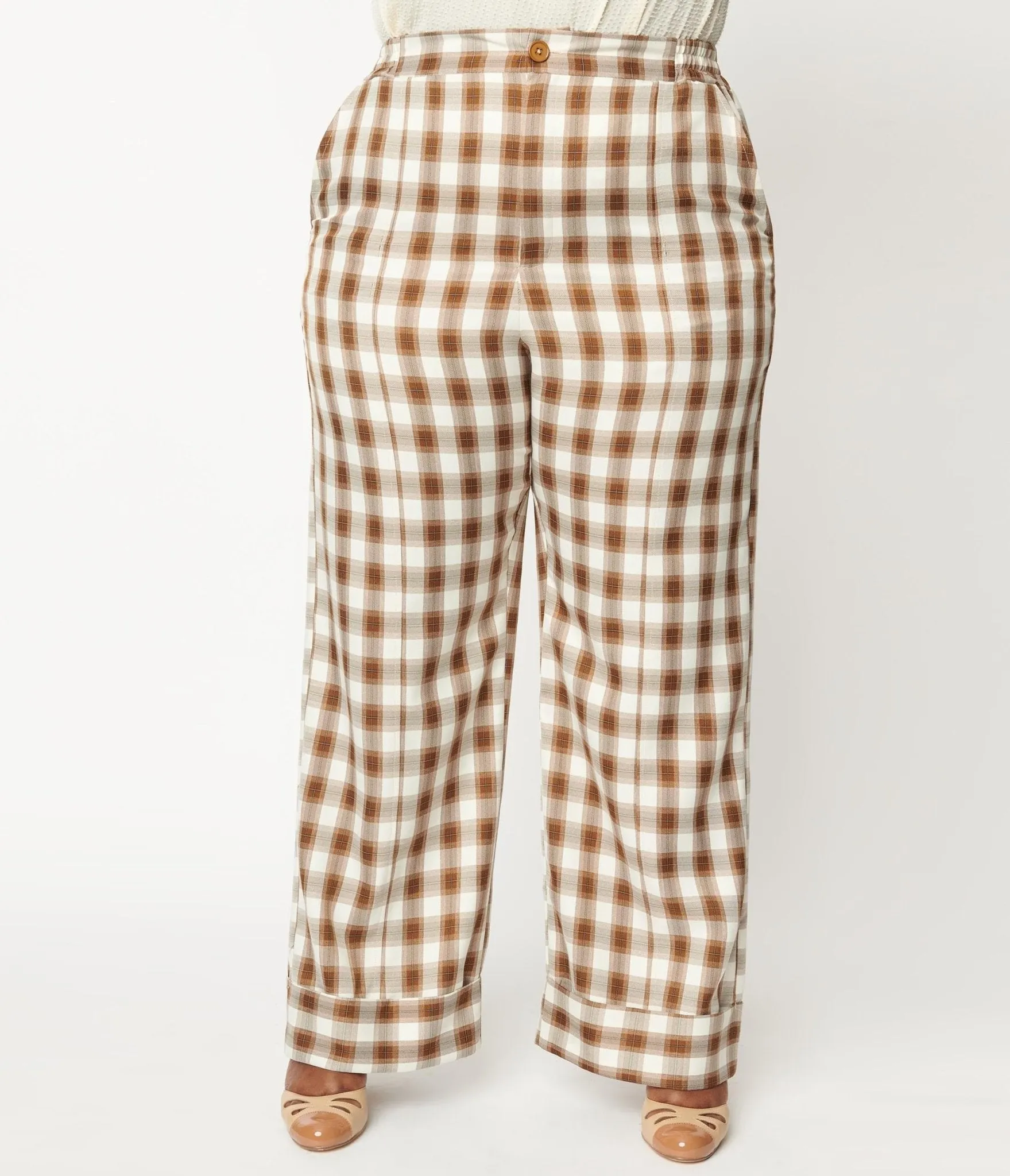 Unique Vintage Plus Size 1940s Brown & Ivory Plaid Wide Cuff Pants sold by Unique Vintage product image thumbnail 2