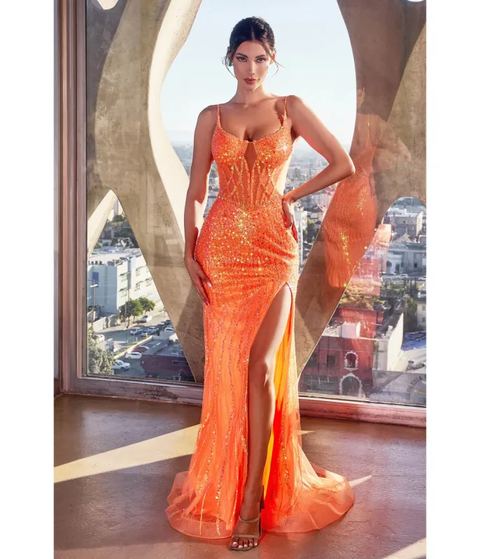 Cinderella Divine  Orange Sequin Beaded High Slit Fitted Prom Gown sold by Unique Vintage