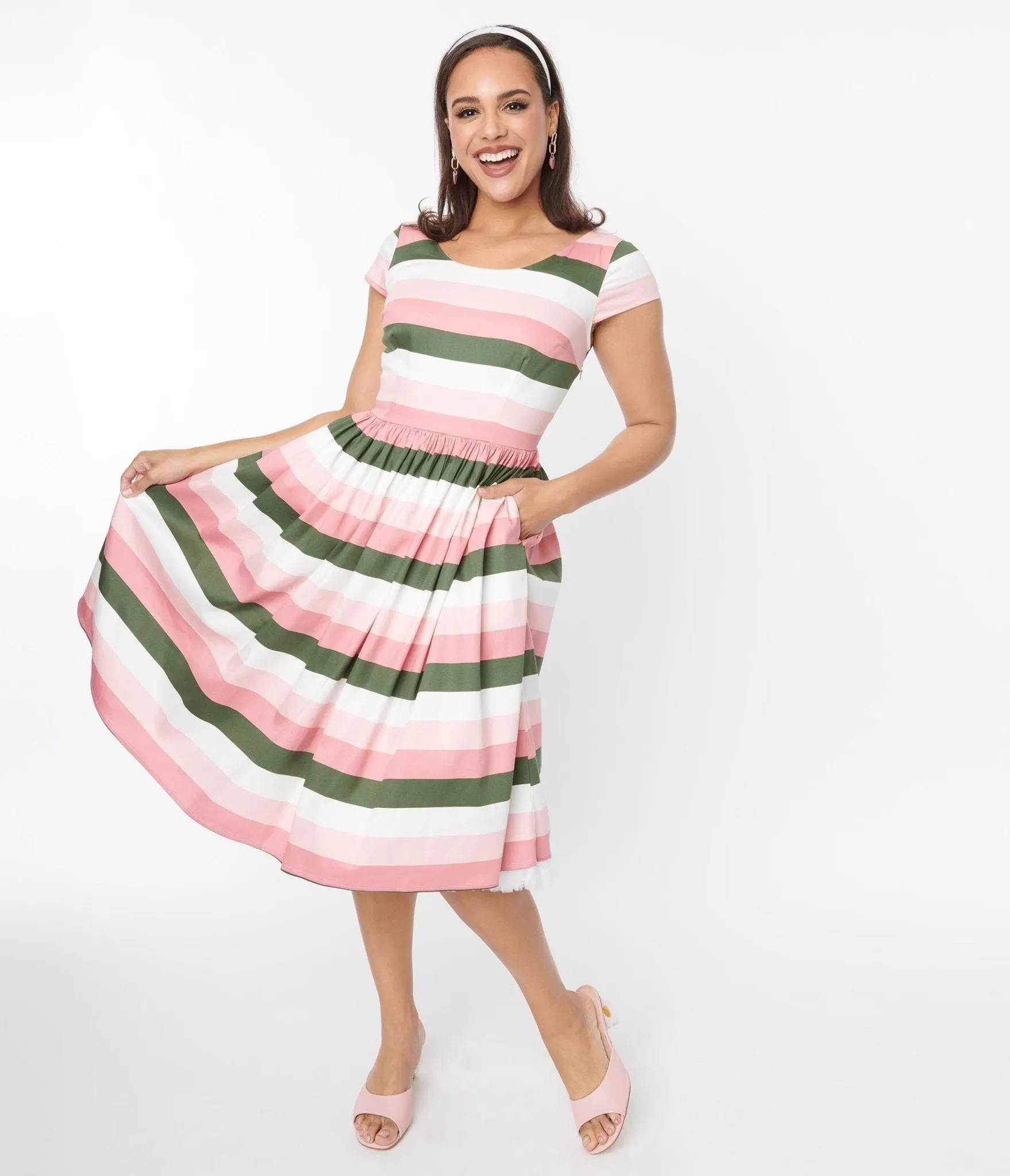 Collectif Pink & Green Stripe Swing Dress sold by Unique Vintage product image thumbnail 4