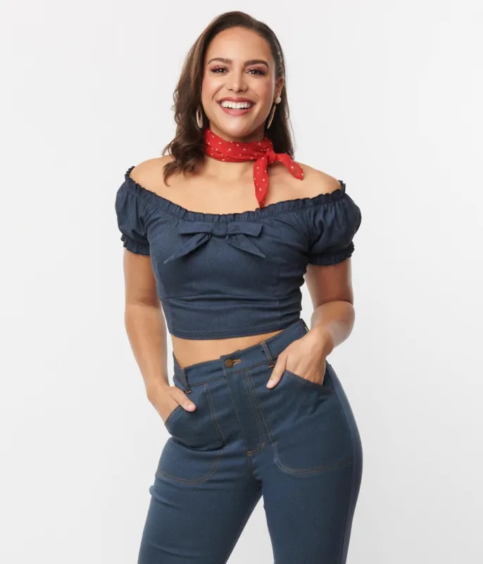 Unique Vintage Denim Puff Sleeve Off the Shoulder Crop Top sold by Unique Vintage