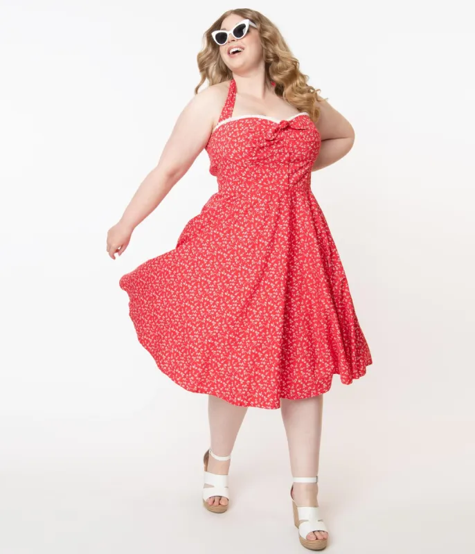 Plus Size Retro Red & White Floral Halter Kimberly Swing Dress sold by Unique Vintage