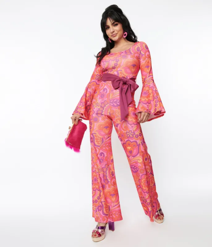 Smak Parlour Pink Mod Floral Bell Sleeve Jumpsuit sold by Unique Vintage