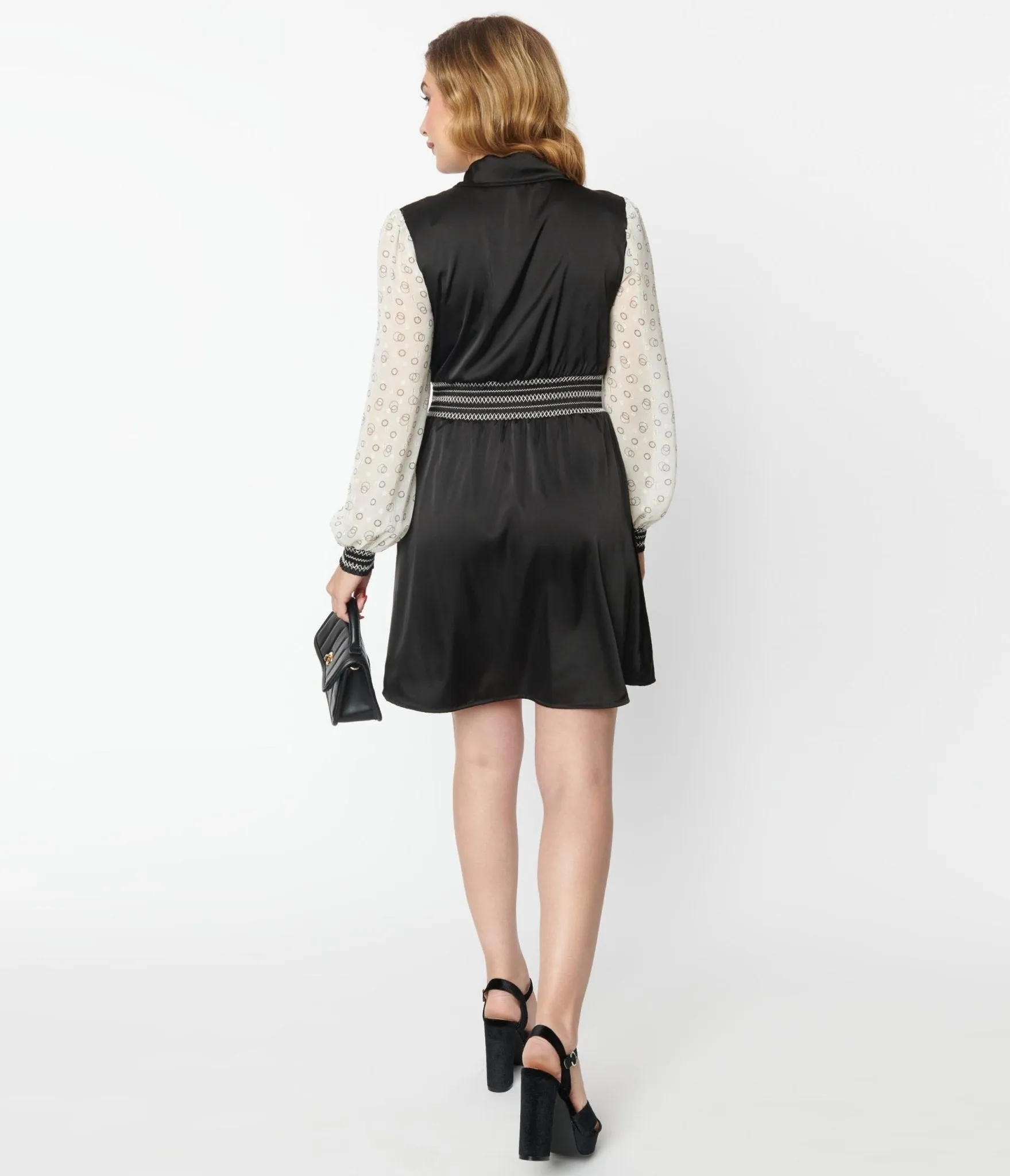 Unique Vintage 1970s Black & Ivory Neck Tie Flare Dress sold by Unique Vintage product image thumbnail 3