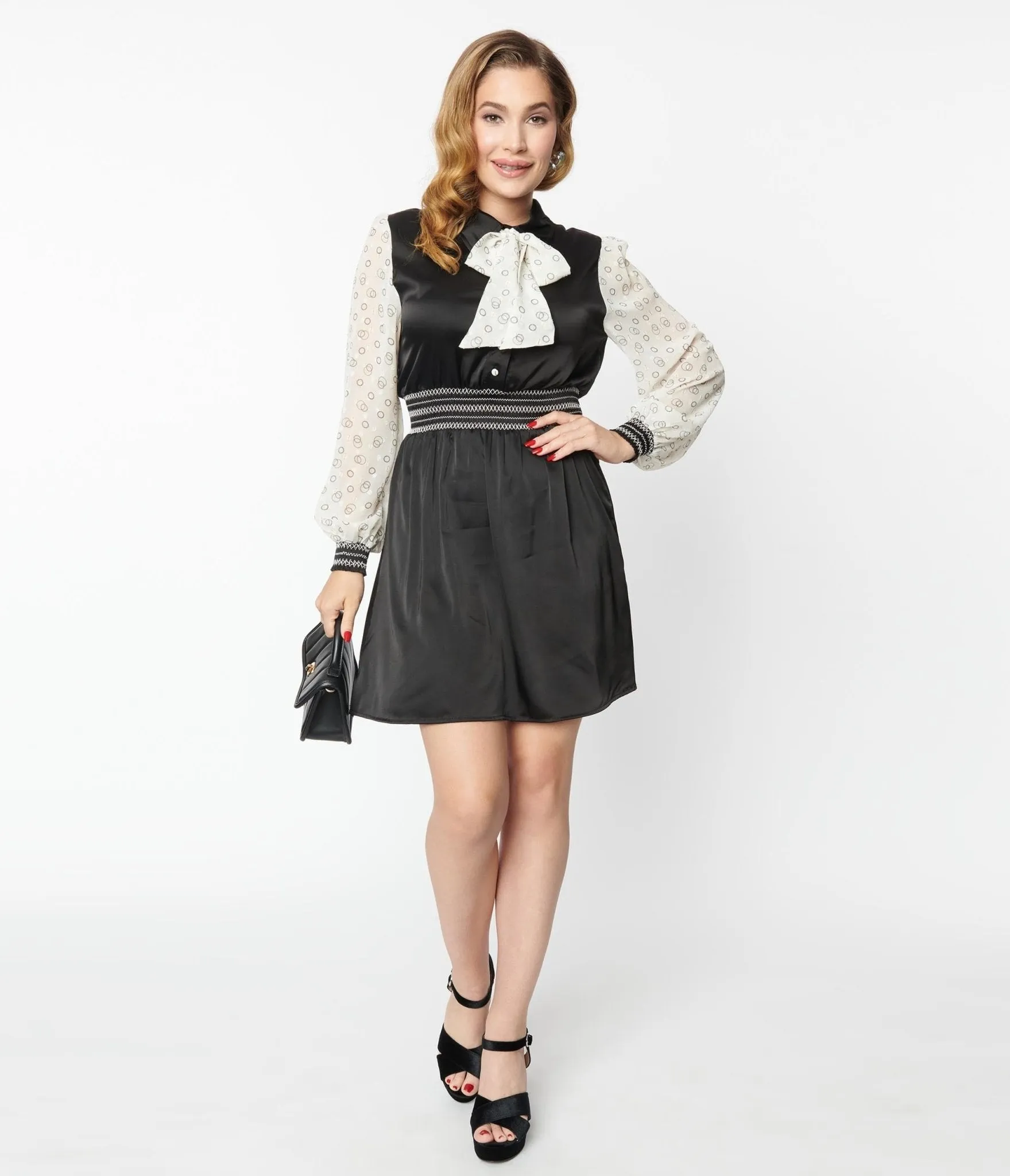 Unique Vintage 1970s Black & Ivory Neck Tie Flare Dress sold by Unique Vintage product image thumbnail 5