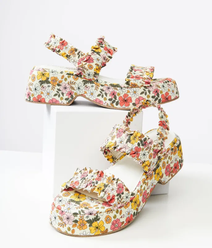 1970s White Floral Jean Platform Sandals sold by Unique Vintage