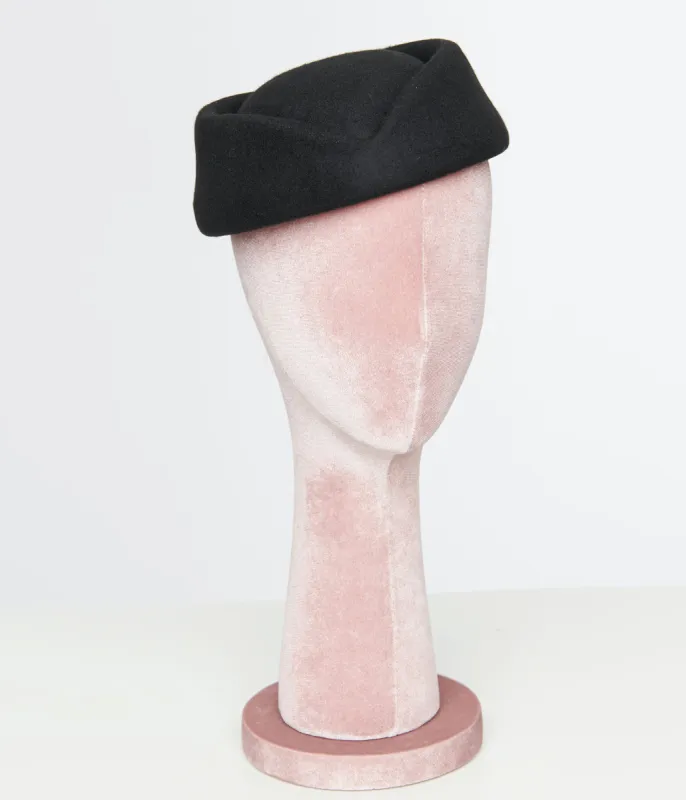 1940s Black Wool Felt Pillbox Fedora Hat sold by Unique Vintage
