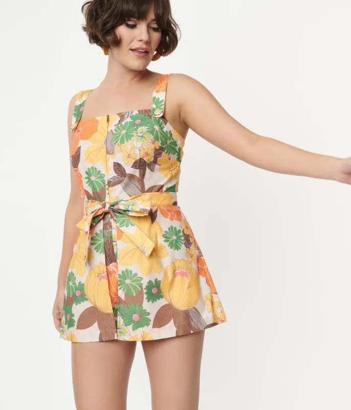 Smak Parlour Orange & Yellow Floral Sweet & Sassy Skirted Romper sold by Unique Vintage
