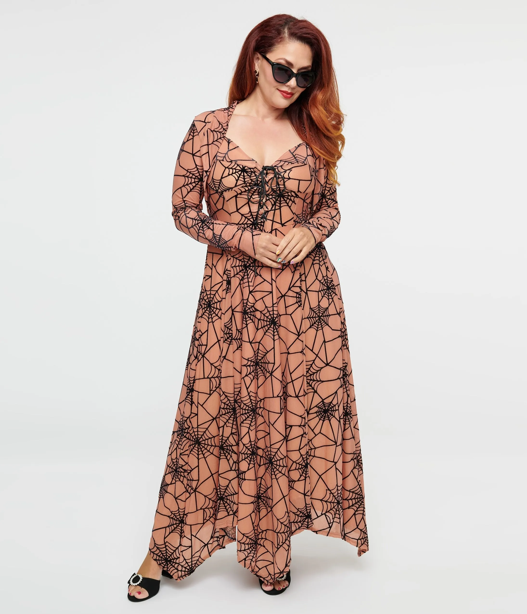Peach & Black Spiderweb Willow Maxi Dress & Bolero Set sold by Unique Vintage product image thumbnail 2