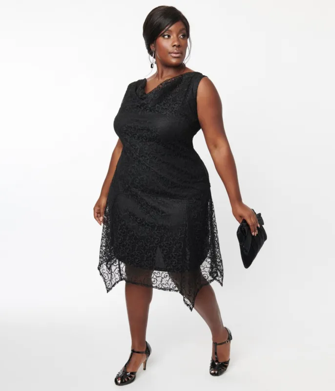 Unique Vintage Plus Size 1920s Black Lace Hemingway Flapper Dress made by Unique Vintage
