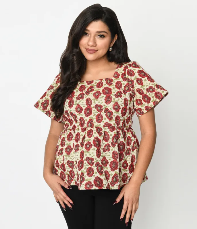 Ivory & Red Floral Kiss Jacquard Peplum Top sold by Unique Vintage