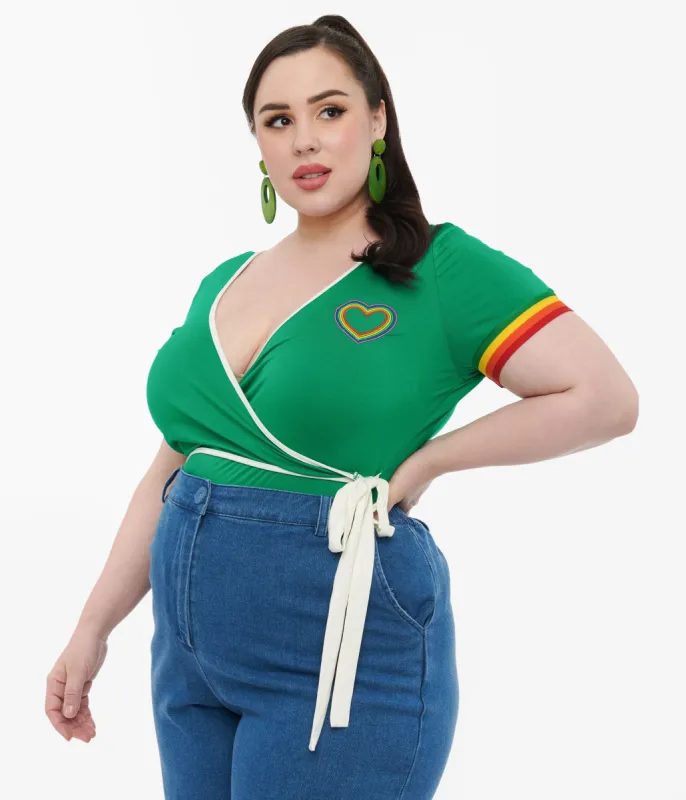 Unique Vintage Plus Size 1970s Green & Rainbow Heart Surplice Bodysuit sold by Unique Vintage