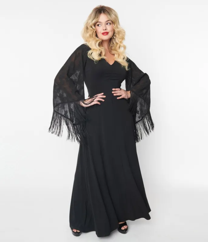 Smak Parlour 1970s Black Floral Fringe Sleeve Stevie Maxi Dress sold by Unique Vintage