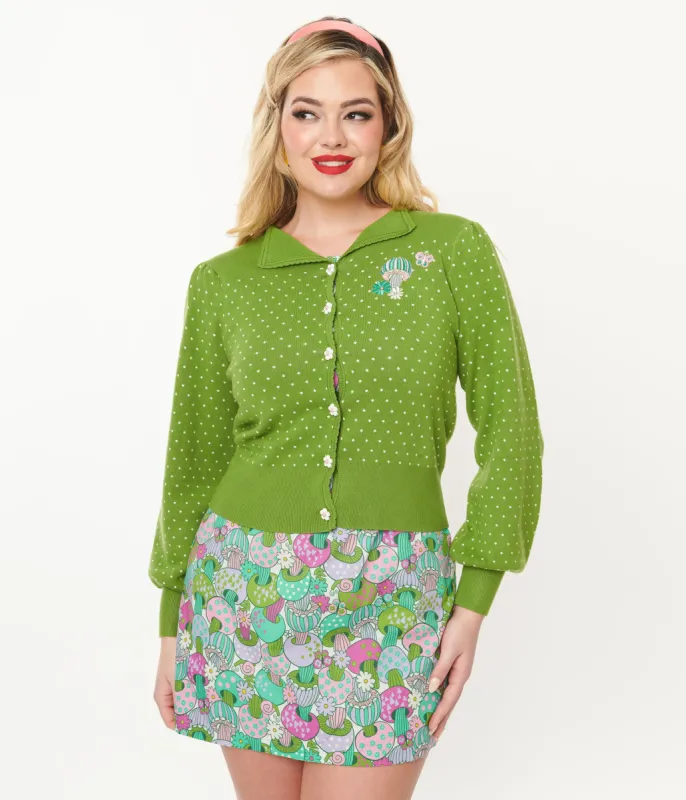Smak Parlour Green & White Polka Dot Mushroom Embroidered Cardigan made by Unique Vintage