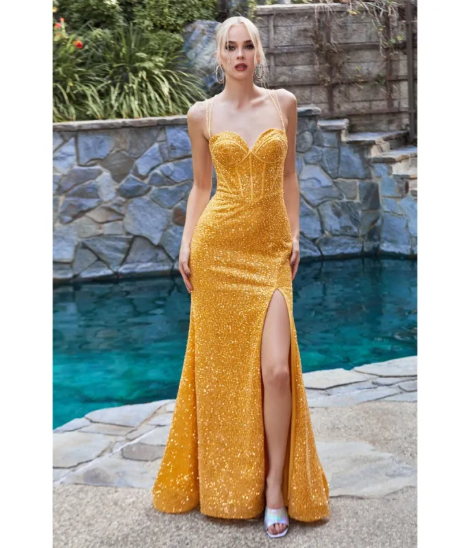 Cinderella Divine  Marigold Sequin Fitted Corset Prom Dress sold by Unique Vintage