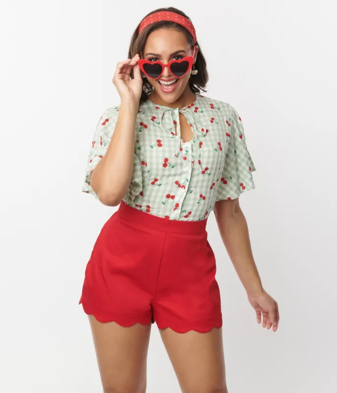 Unique Vintage 1940s Mint & White Cherry Gingham Cecilia Blouse sold by Unique Vintage