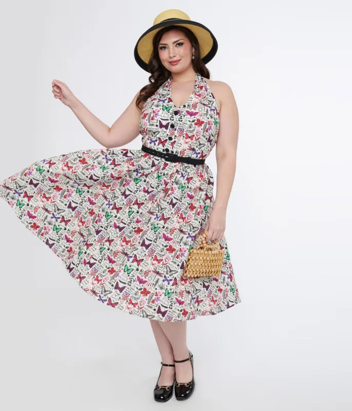 Unique Vintage Plus Size 1950s Cotton Multicolor Butterfly Print Halter Swing Dress sold by Unique Vintage