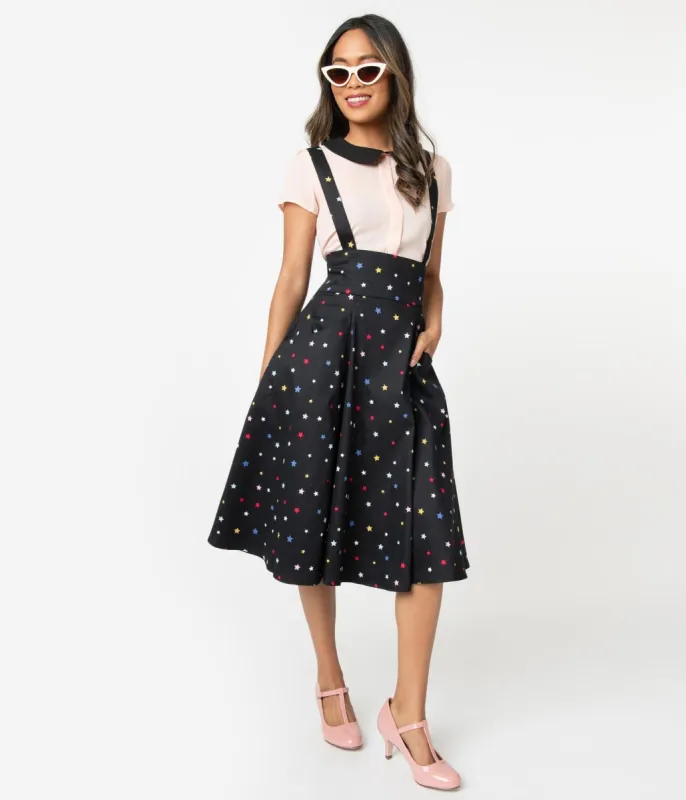 Collectif 1950s Black & Multicolor Stars Alexa Suspender Swing Skirt sold by Unique Vintage
