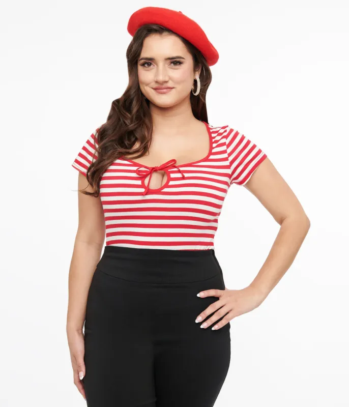 Hell Bunny 1940s Red & White Stripe Cotton Kit Top sold by Unique Vintage