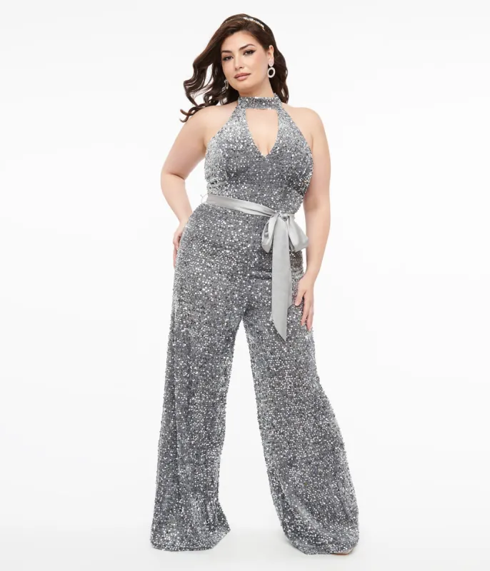 Smak Parlour Plus Size Silver Sequin Glamour Goddess Jumpsuit sold by Unique Vintage