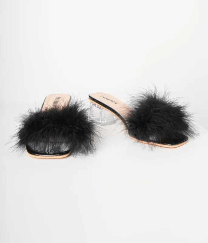 Black Marabou Feather Slipper Heels sold by Unique Vintage