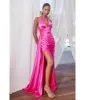 Cinderella Divine  Fuchsia Pleated Satin Halter Fitted Slit Dress sold by Unique Vintage