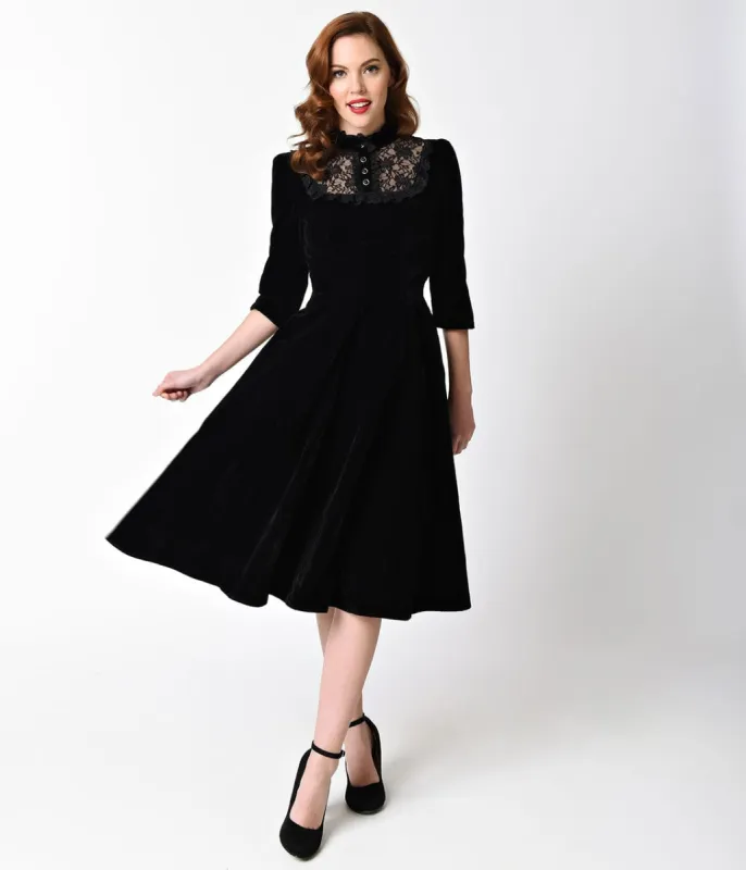 1940s Style Black Velvet & Lace Nightshade Half Sleeve Swing Dress sold by Unique Vintage