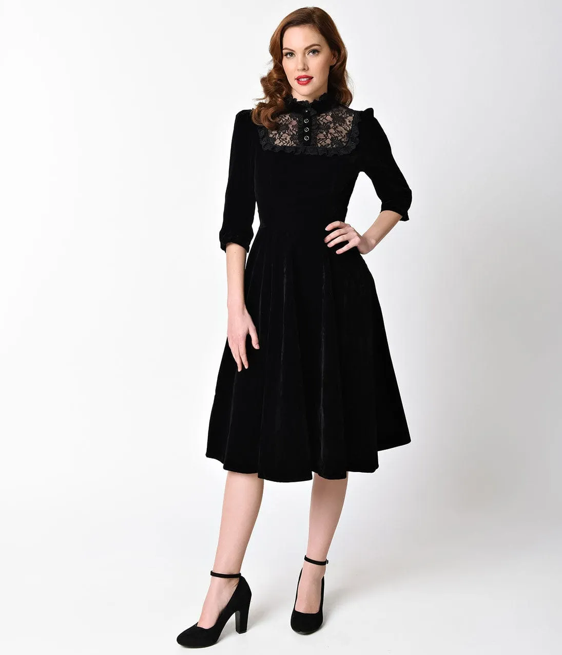 1940s Style Black Velvet & Lace Nightshade Half Sleeve Swing Dress sold by Unique Vintage product image thumbnail 5