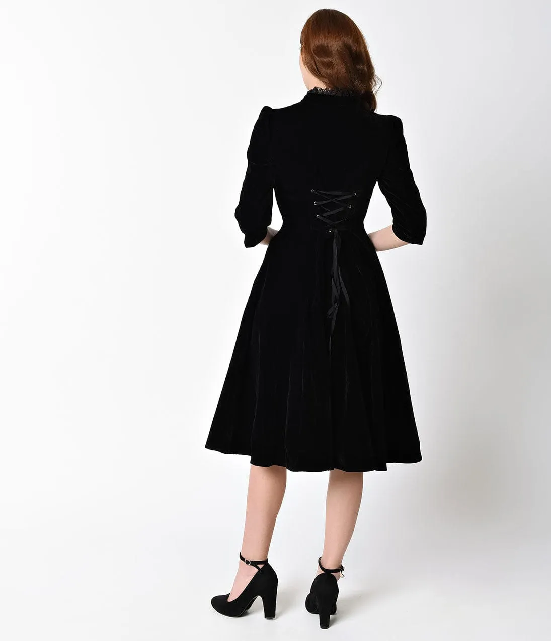 1940s Style Black Velvet & Lace Nightshade Half Sleeve Swing Dress sold by Unique Vintage product image thumbnail 2