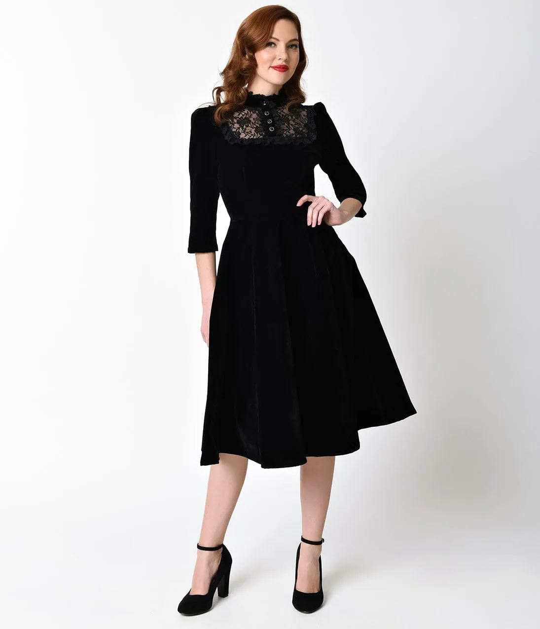 1940s Style Black Velvet & Lace Nightshade Half Sleeve Swing Dress sold by Unique Vintage product image thumbnail 3