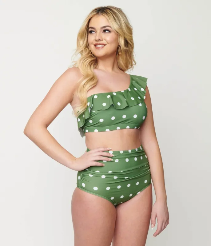 Green & White Polka Dot Two Piece Swim Set sold by Unique Vintage
