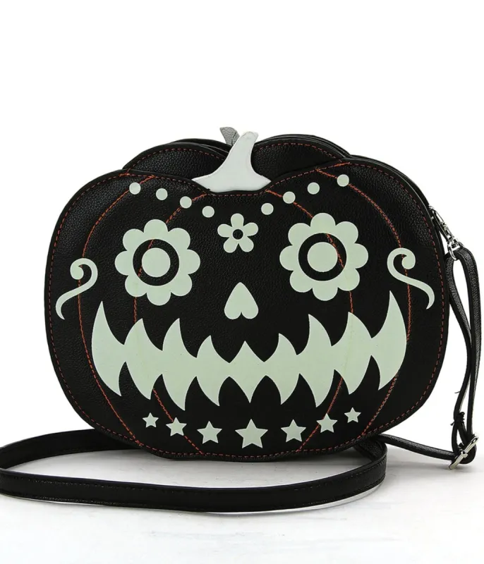 Black Leatherette Glow in the Dark Jack O Lantern Crossbody Bag sold by Unique Vintage