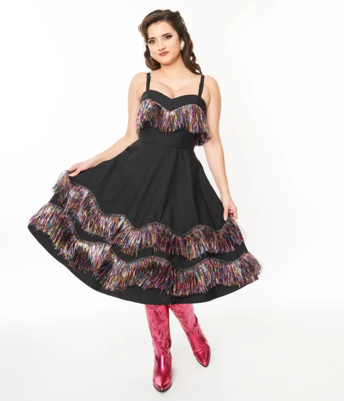 Unique Vintage Black & Rainbow Fringe Girlie Swing Dress sold by Unique Vintage