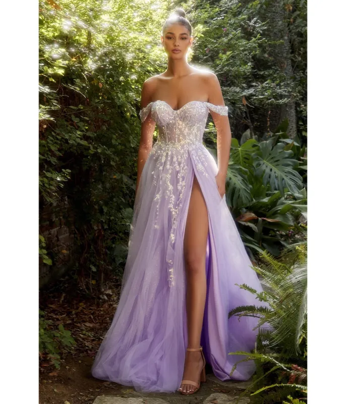 Cinderella Divine  Lavender Sequin Applique Off The Shoulder Tulle Evening Gown sold by Unique Vintage