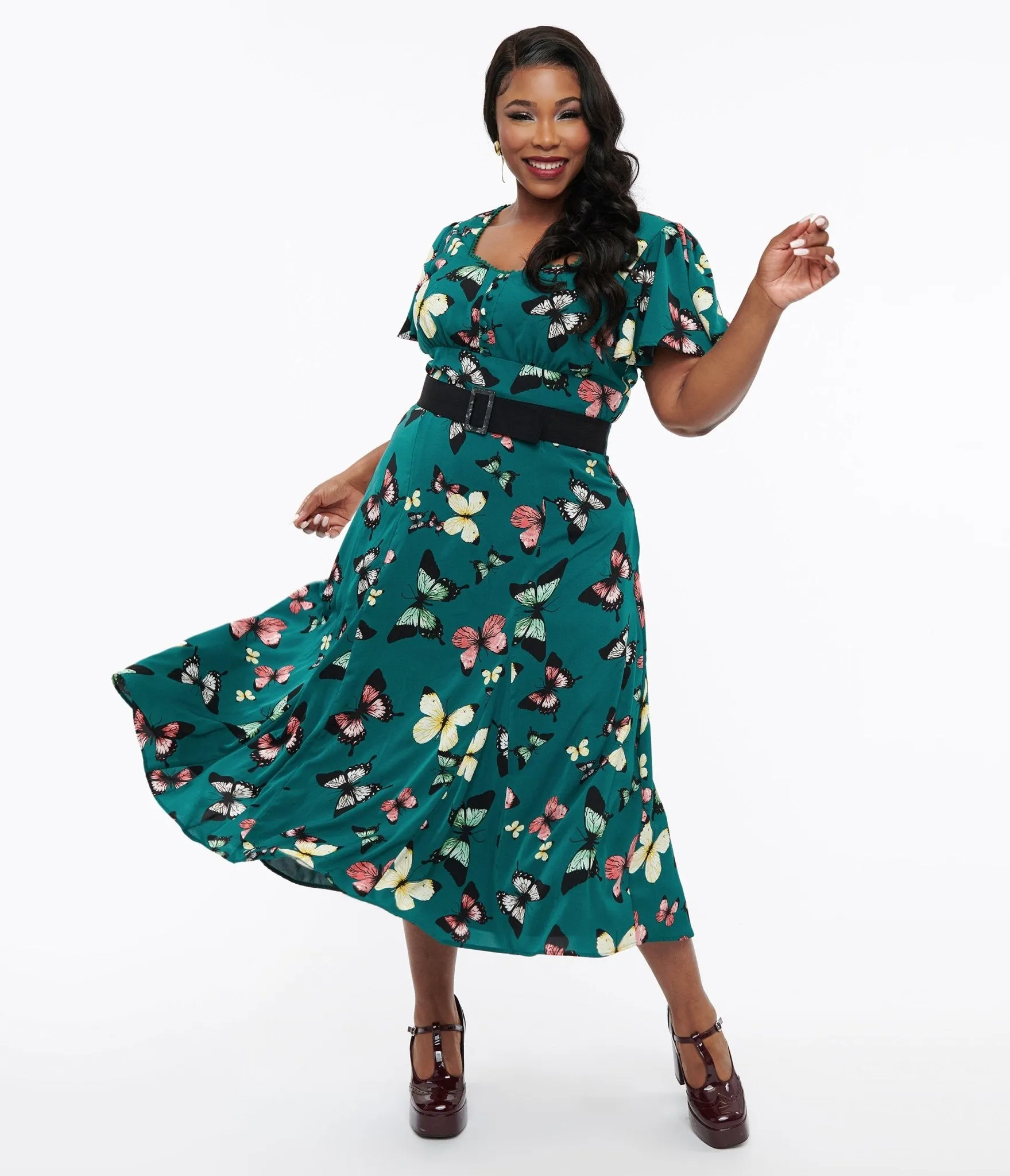 Unique Vintage Plus Size 1940s Green Butterfly Print Midi Dress sold by Unique Vintage