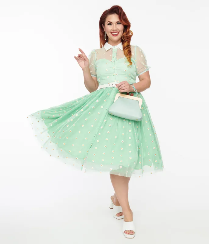 Unique Vintage 1950s Green & White Daisy Print Hollie Swing Dress sold by Unique Vintage